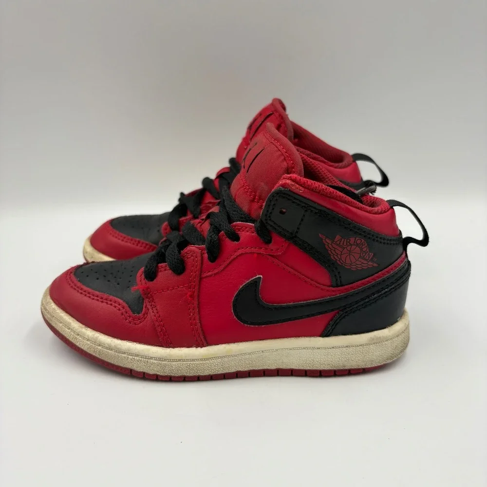 Nike Air Jordan 1 Mid‎ Bred Kids Red Black Sneakers 640734-660